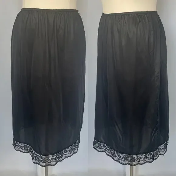 Half Slip Skirt Plus Size 26W 28W Black Satin Nylon Lace Trim Lingerie Layering - Picture 12 of 12